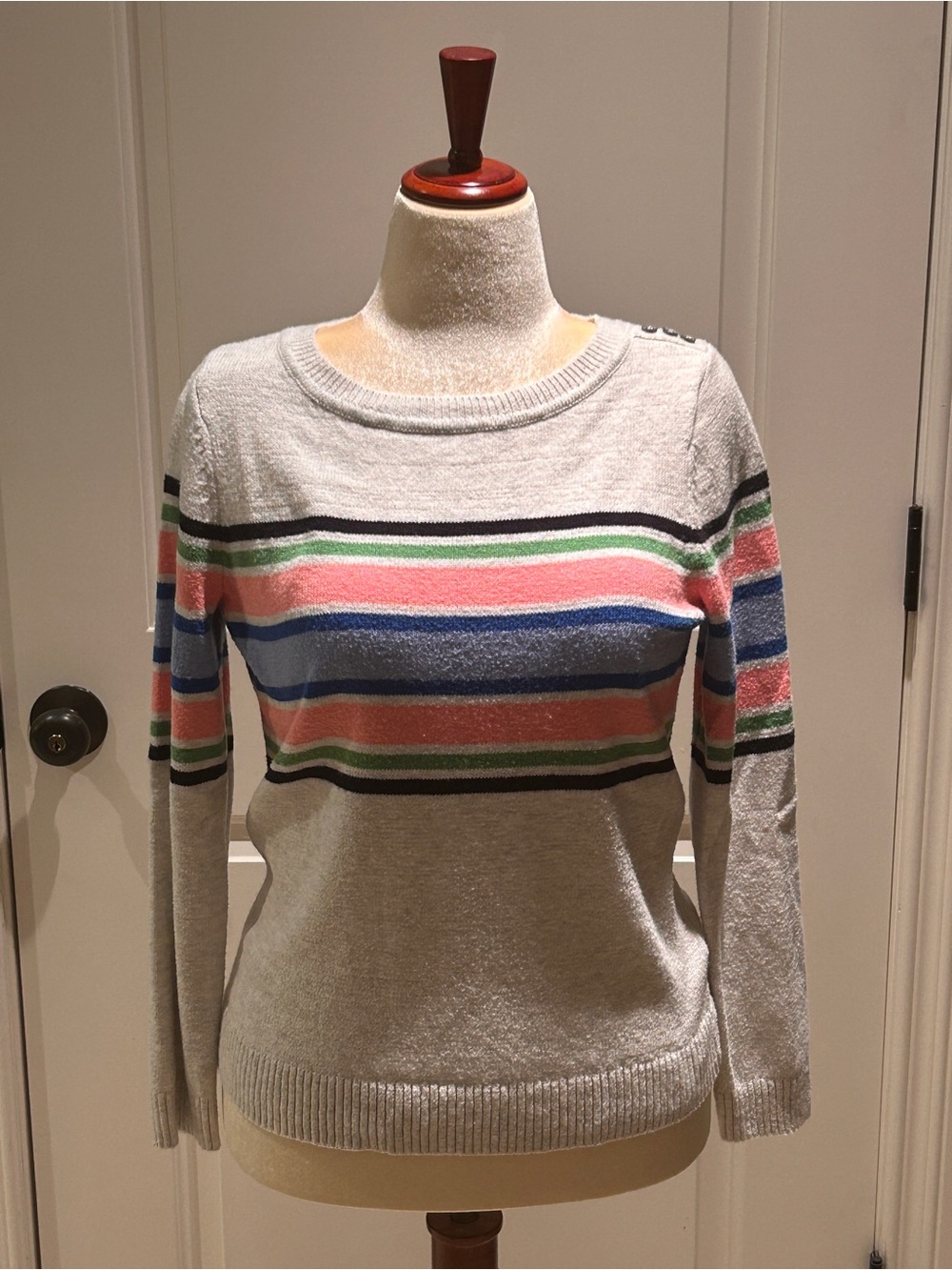 Talbots Light Gray Crewneck Sweater with Pastel Stripe Accents